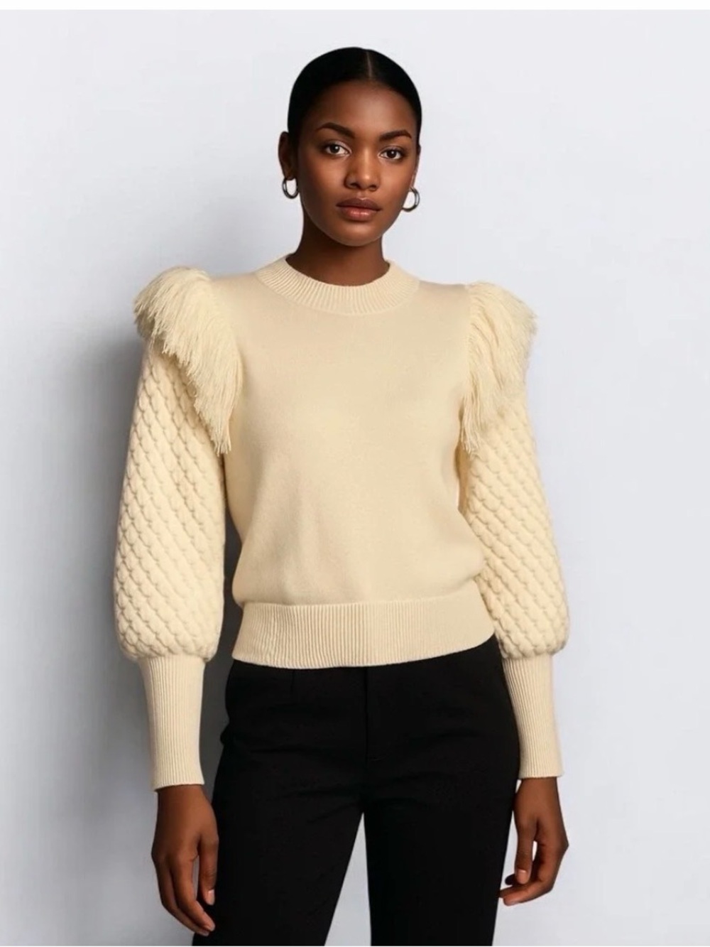 Anthropologie Dolan Feather-Trim Puff Sleeve Crewneck in Cream